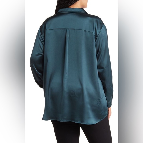 PLEIONE | Anthropologie Dusty Blue Long Sleeve Polo Satin Blouse - Picture 2 of 13
